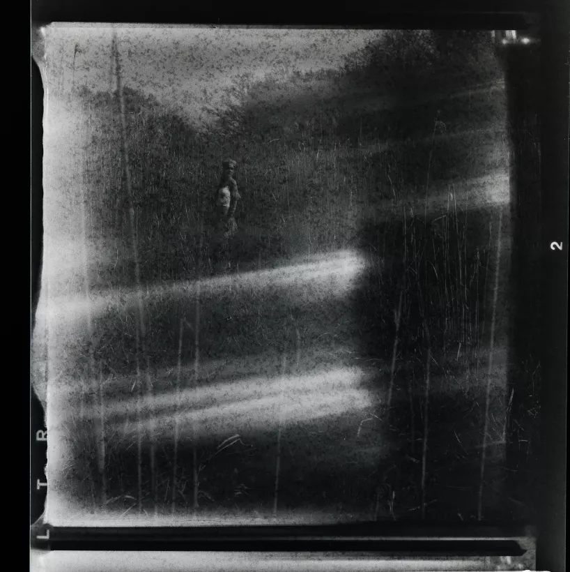 Analoges Schwarz-Weiß-Portrait einer Person im hohen Gras mit Lichtreflexen